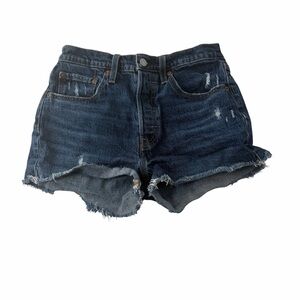 Levi's 501 Dark Blue Frayed 5-Pocket Button-Up Raw Hem Jean Shorts Boho Summer